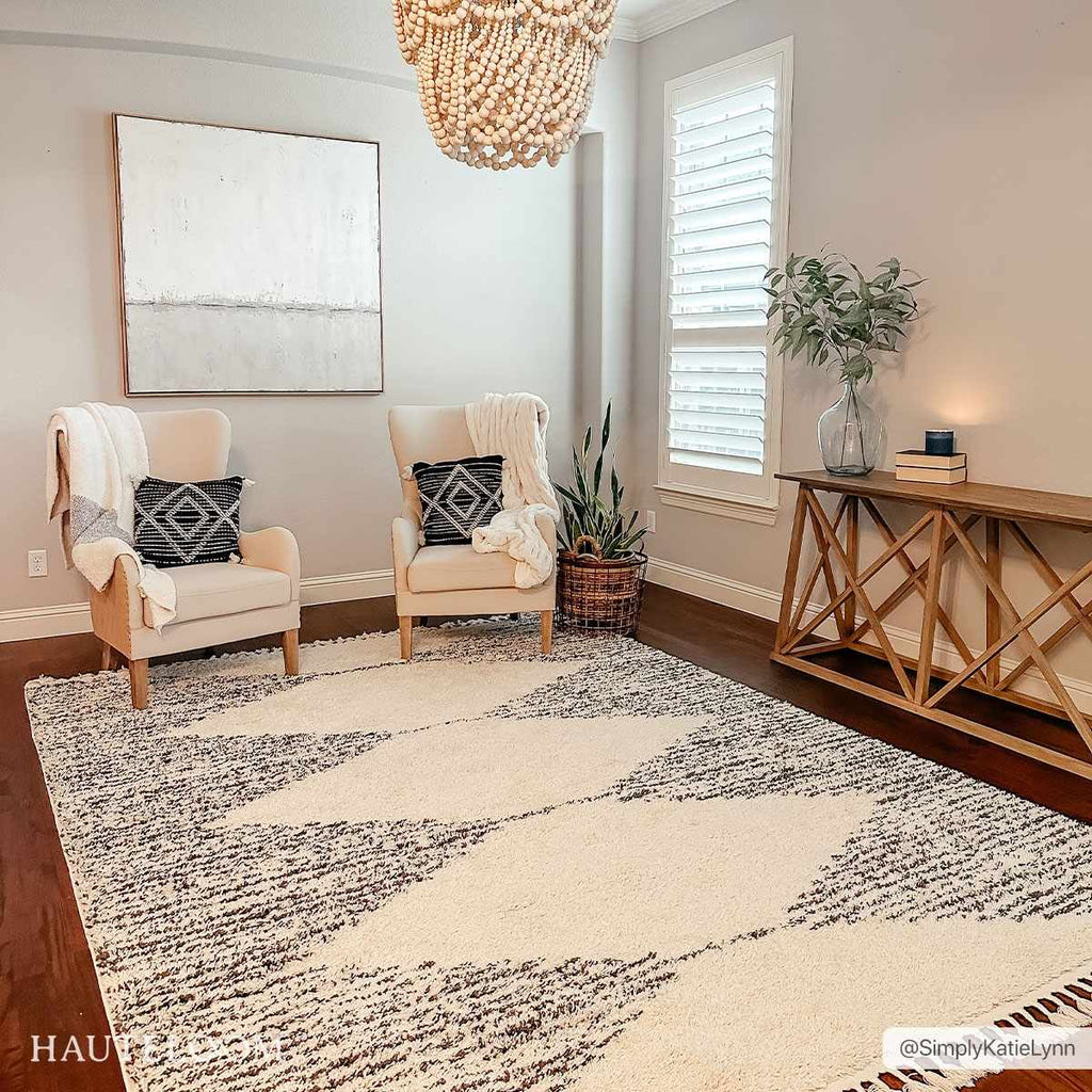 Howth plush contemporary area rug in neutral gray, beige, and brown with a geometric pattern. — view 2