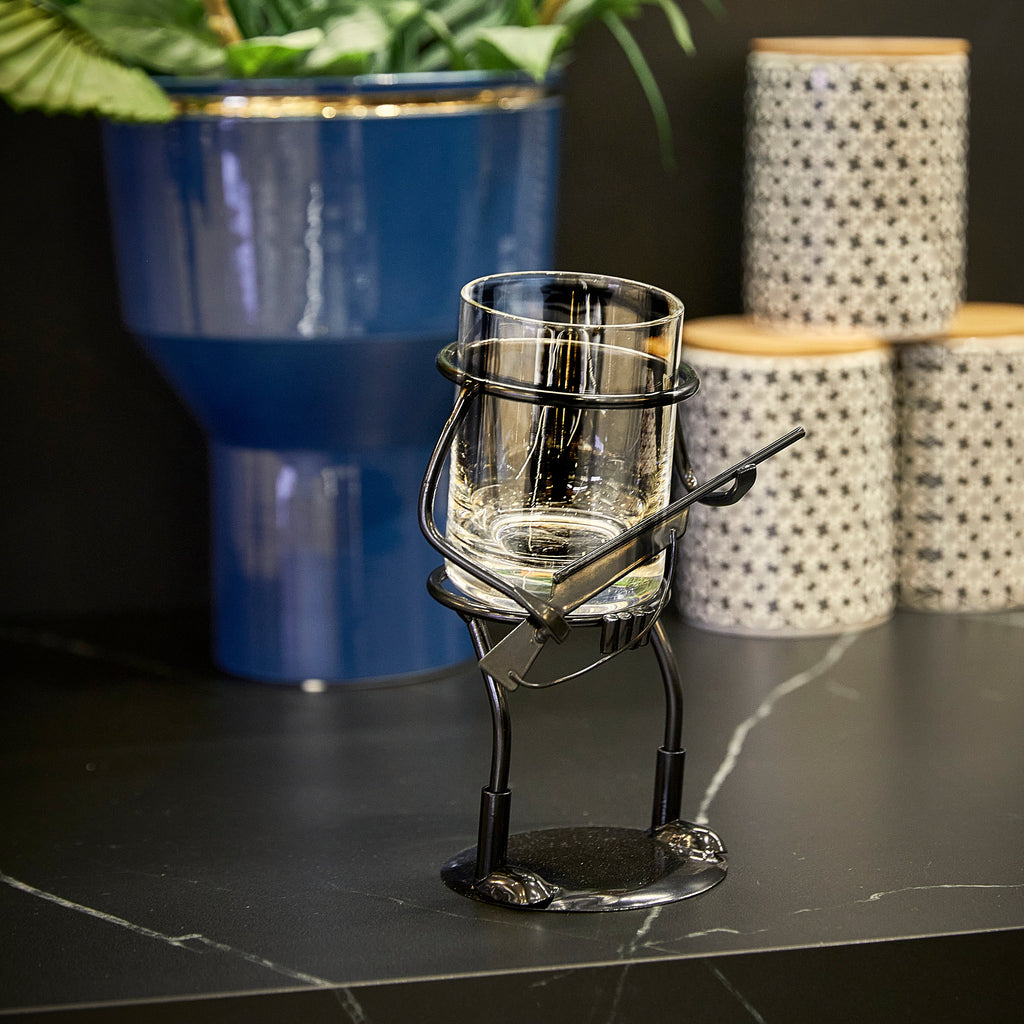 Rifle hunter whiskey glass and rustic metal cup holder with bullet embedded in the side. — view 2