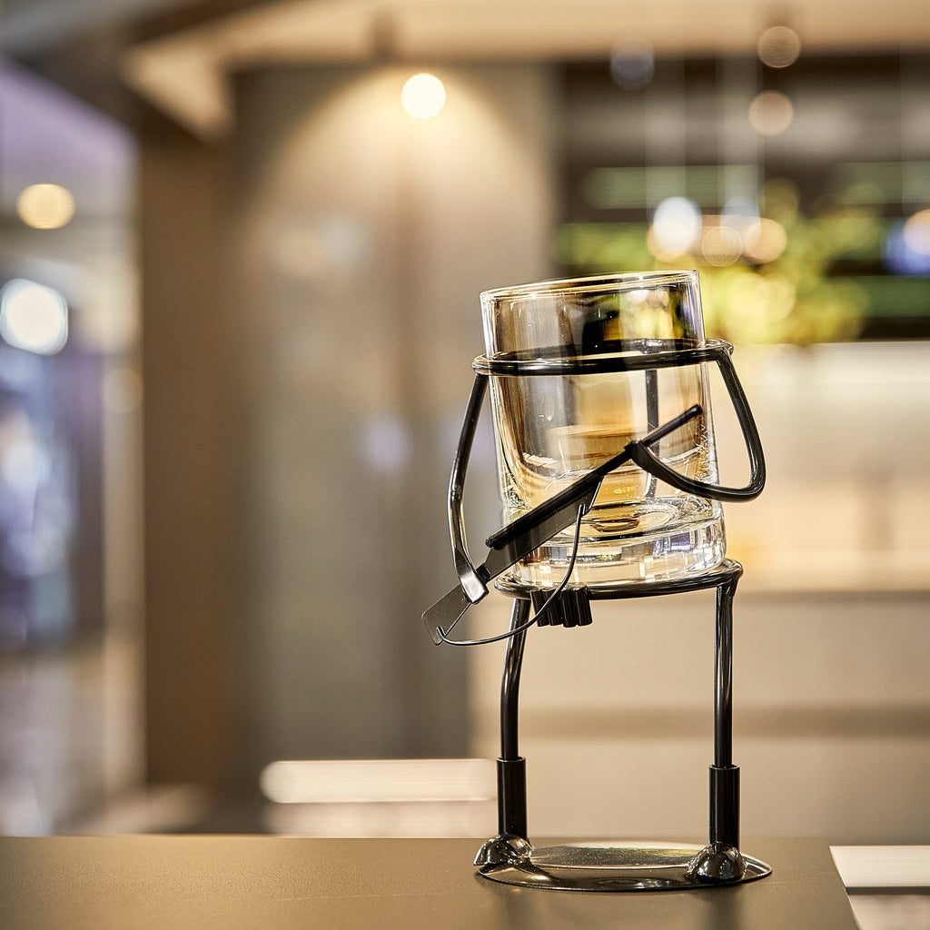 Rifle hunter whiskey glass and rustic metal cup holder with bullet embedded in the side. — view 4