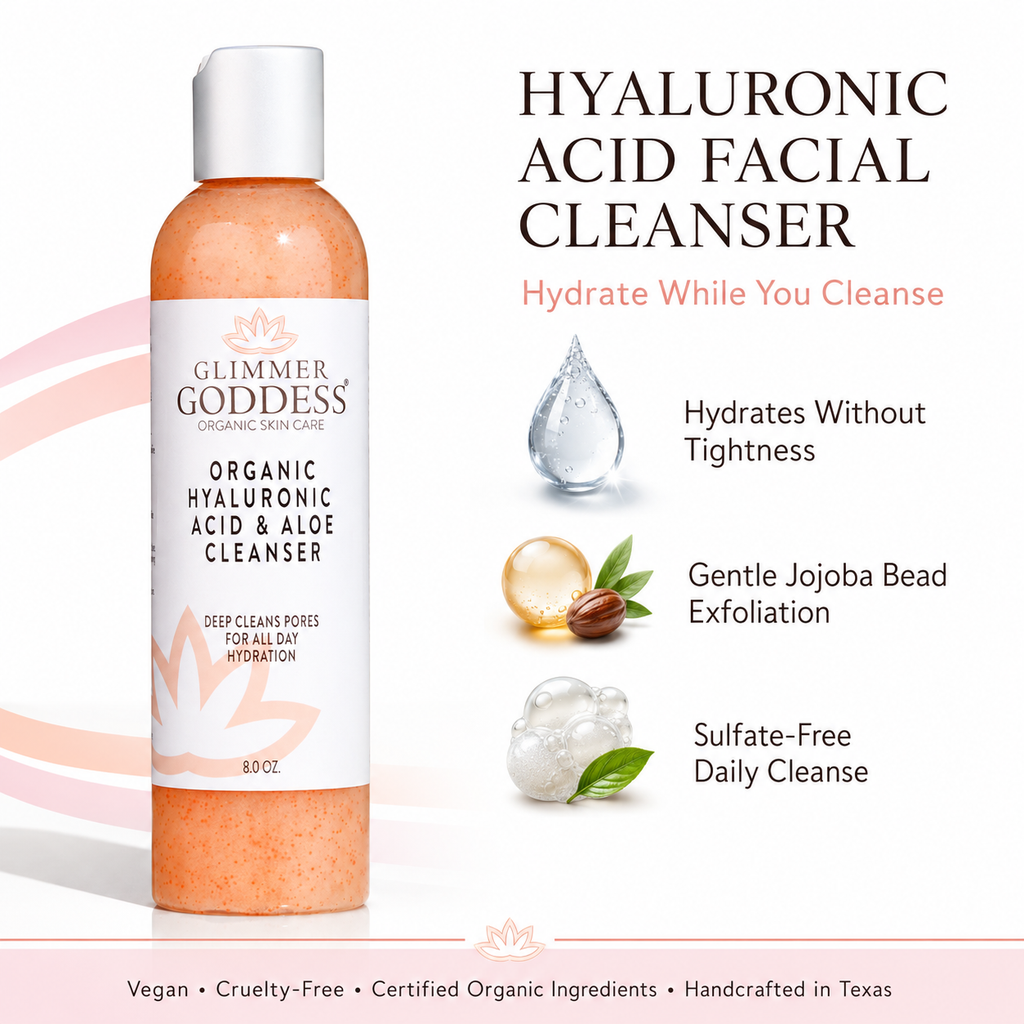 Organic hydrating facial cleanser pump bottle with jojoba beads and hyaluronic acid on clean background.