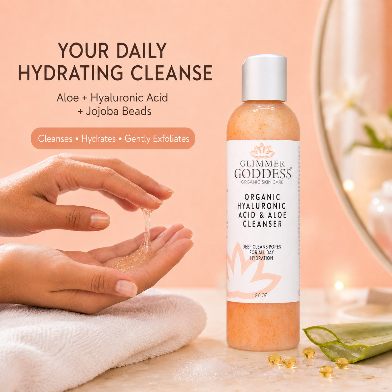 Organic hydrating facial cleanser pump bottle with jojoba beads and hyaluronic acid on clean background. — view 2