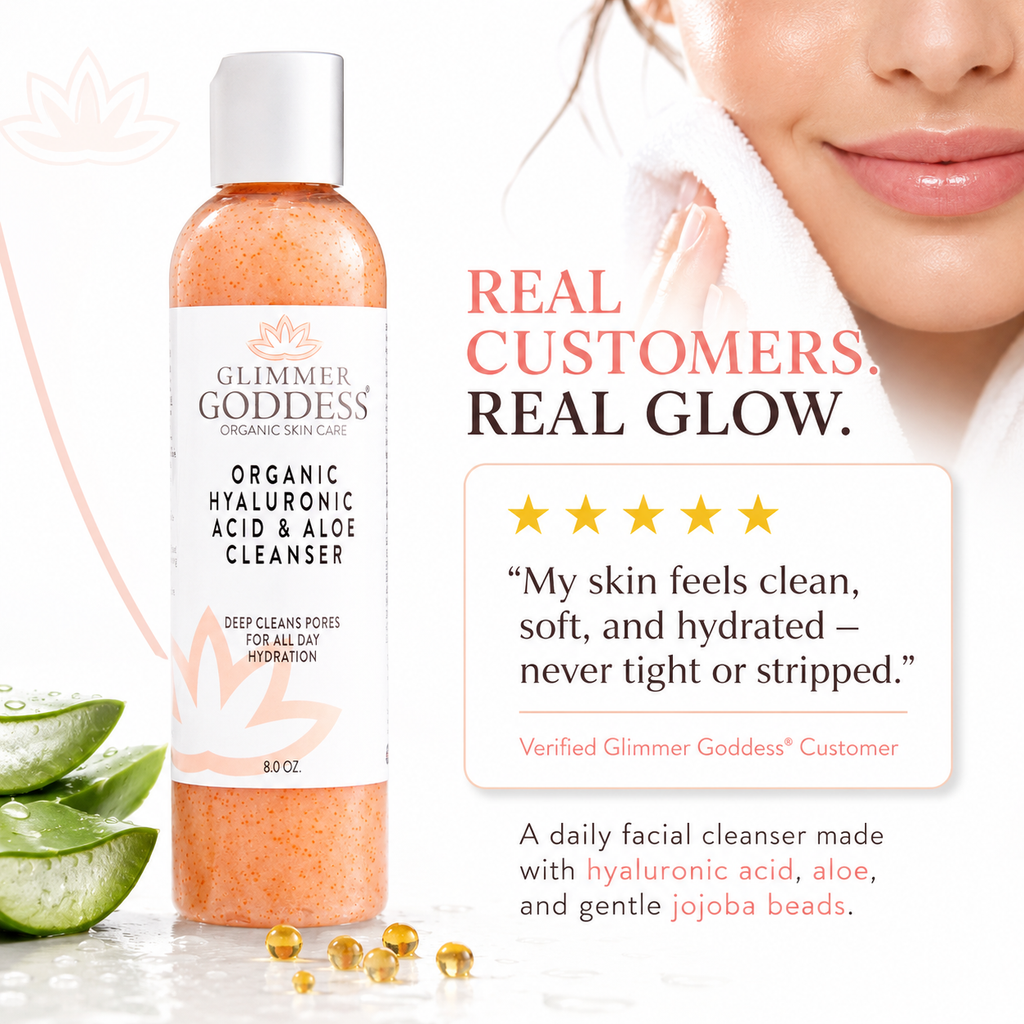 Organic hydrating facial cleanser pump bottle with jojoba beads and hyaluronic acid on clean background. — view 3