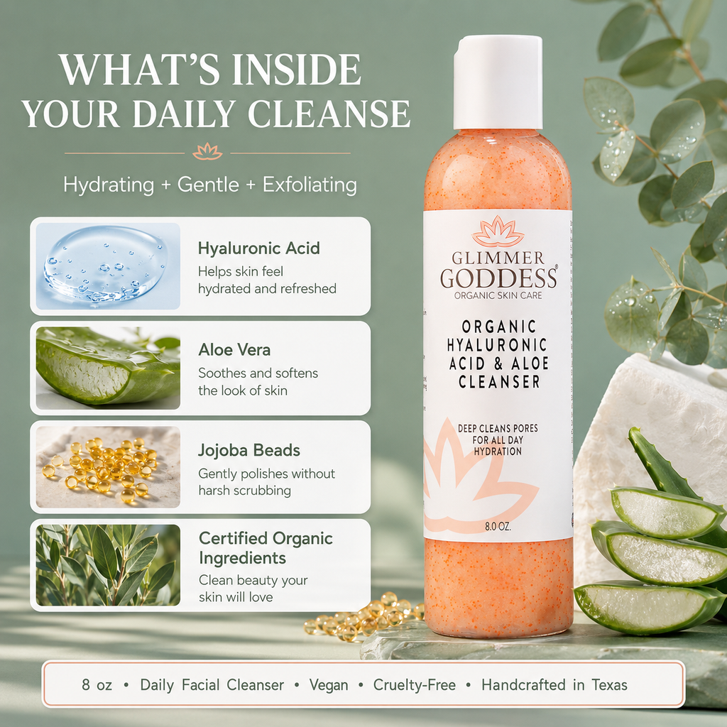 Organic hydrating facial cleanser pump bottle with jojoba beads and hyaluronic acid on clean background. — view 4