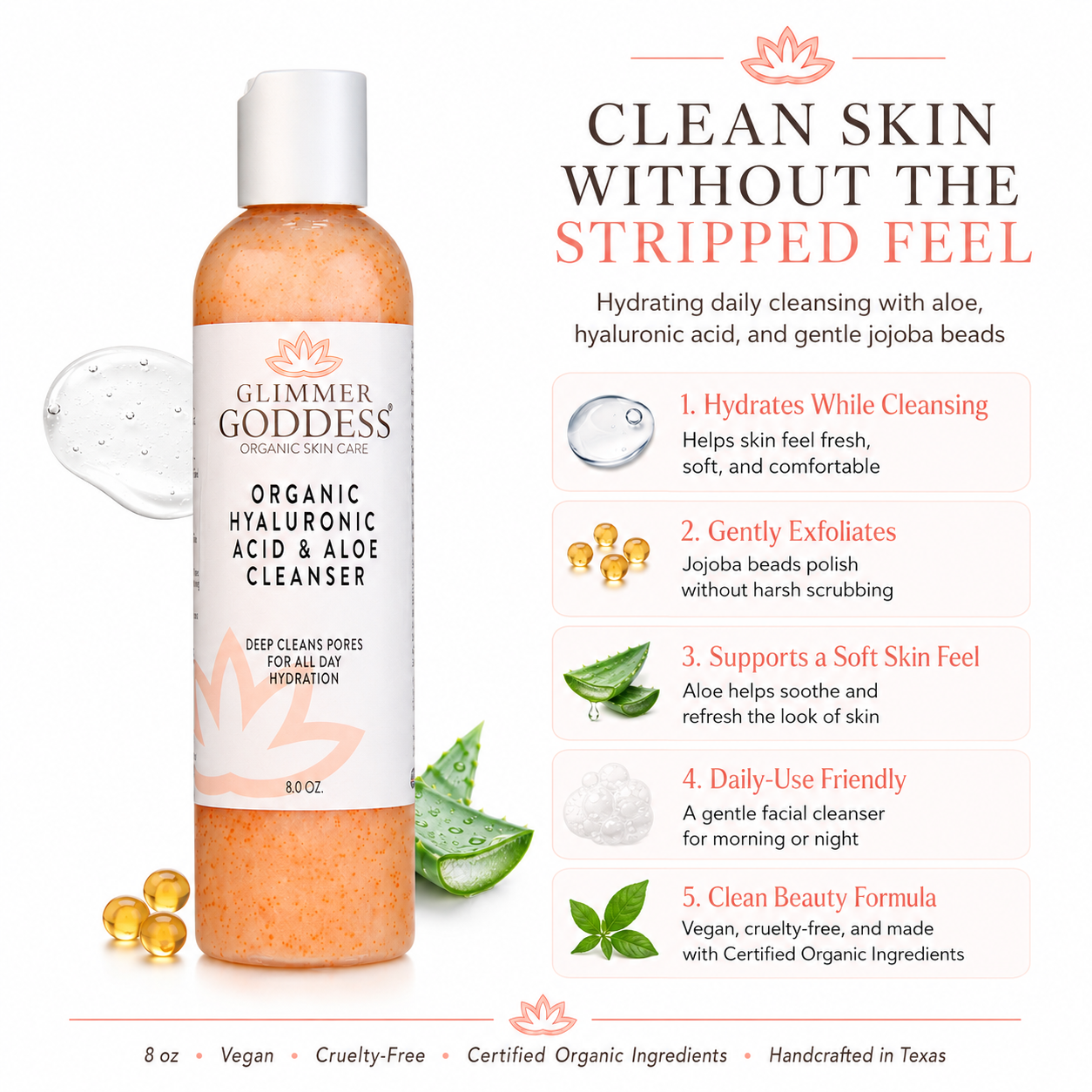 Organic hydrating facial cleanser pump bottle with jojoba beads and hyaluronic acid on clean background. — view 5