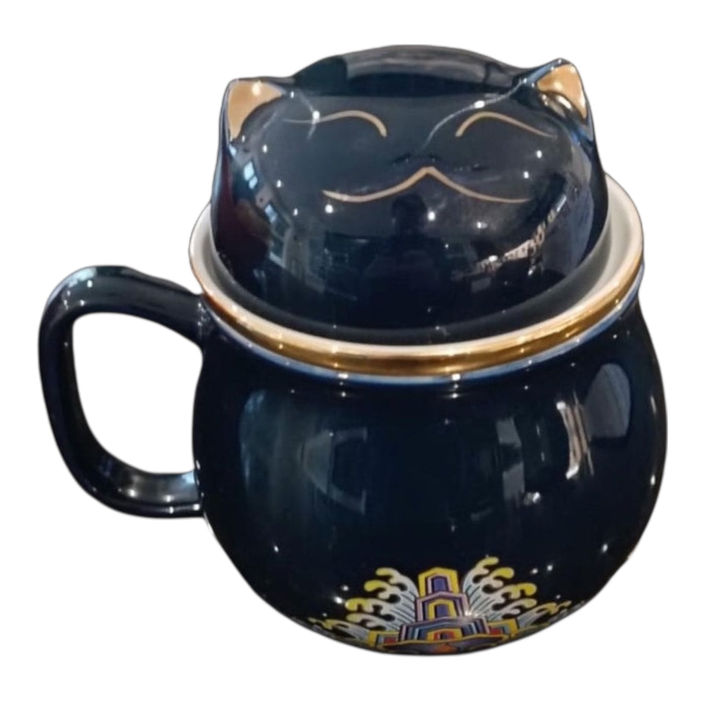 Ceramic cat tea mug with built-in strainer and travel case for loose leaf brewing