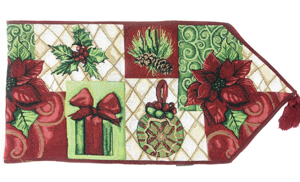 Festive cotton blend table runner featuring red poinsettias, green ornaments, and rustic pine cones. — view 2