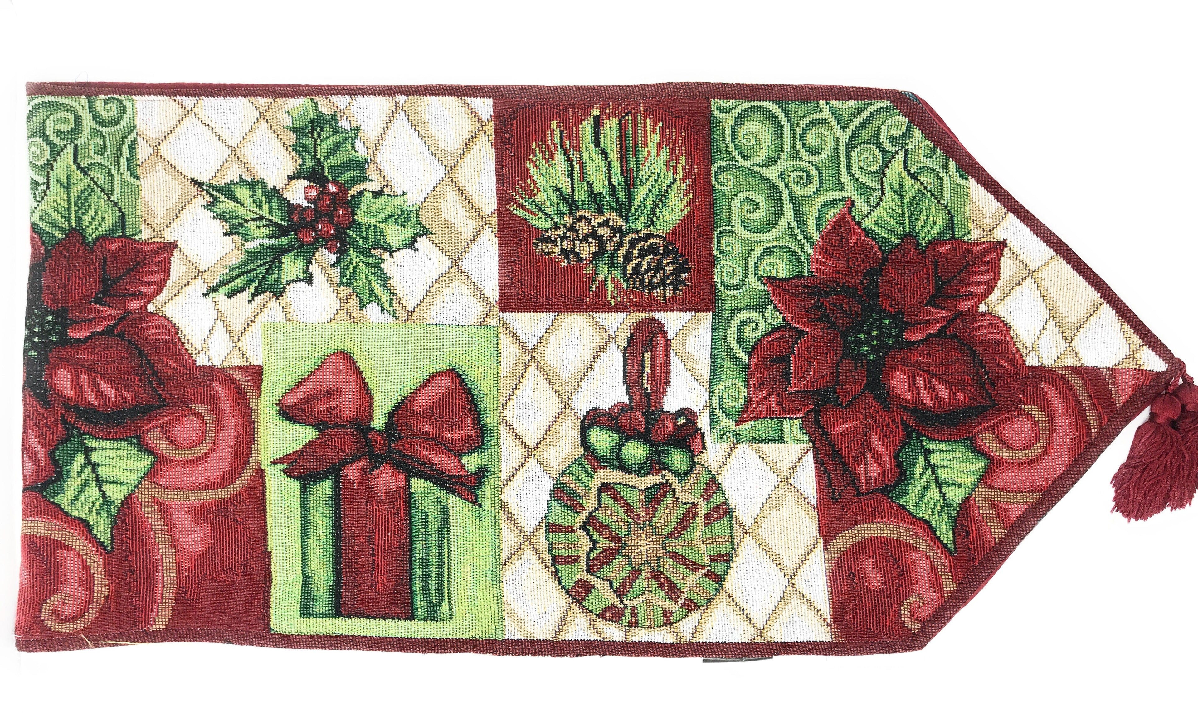 Festive cotton blend table runner featuring red poinsettias, green ornaments, and rustic pine cones. — view 2