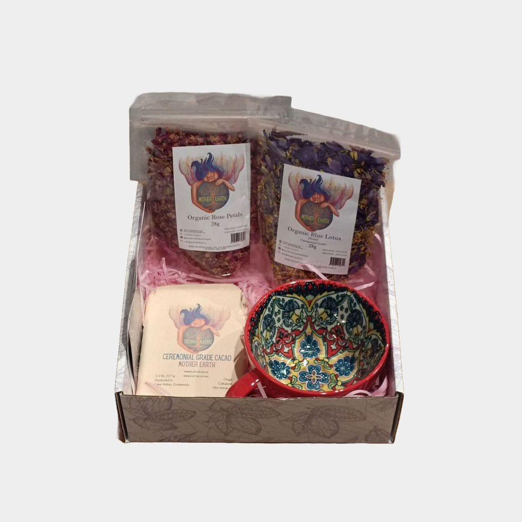 Self-care gift box by Mother Earth featuring cacao, rose petals, blue lotus, and ceramic mug — view 3
