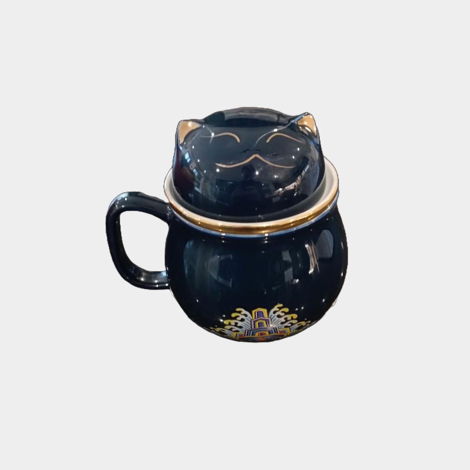 Ceramic cat tea mug with built-in strainer and travel case for loose leaf brewing — view 2