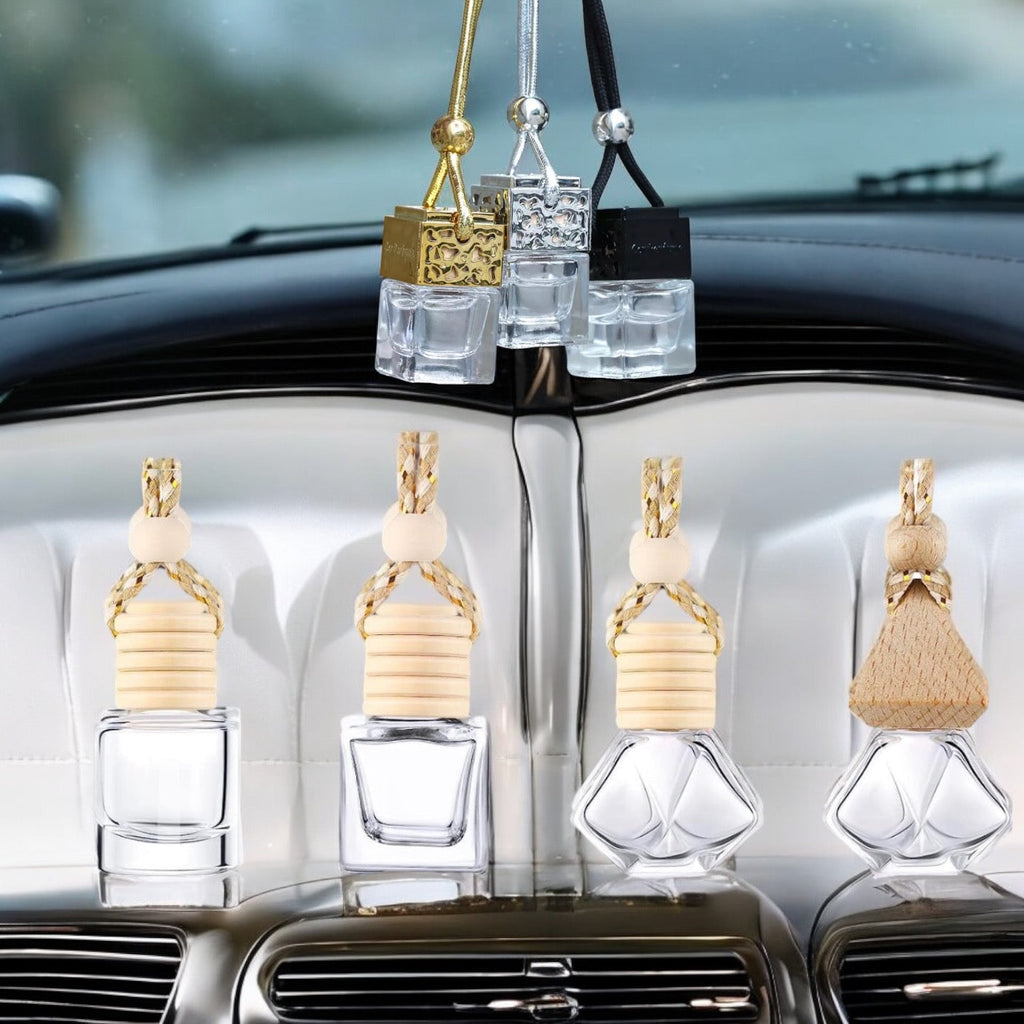 Customizable hangable car freshener showcasing various glam and natural design styles for rearview mirrors