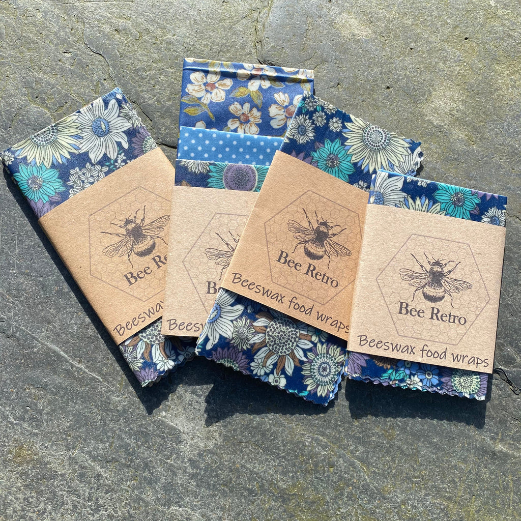 Blue sunflower print beeswax food wrap for eco-friendly reusable kitchen food and sandwich storage