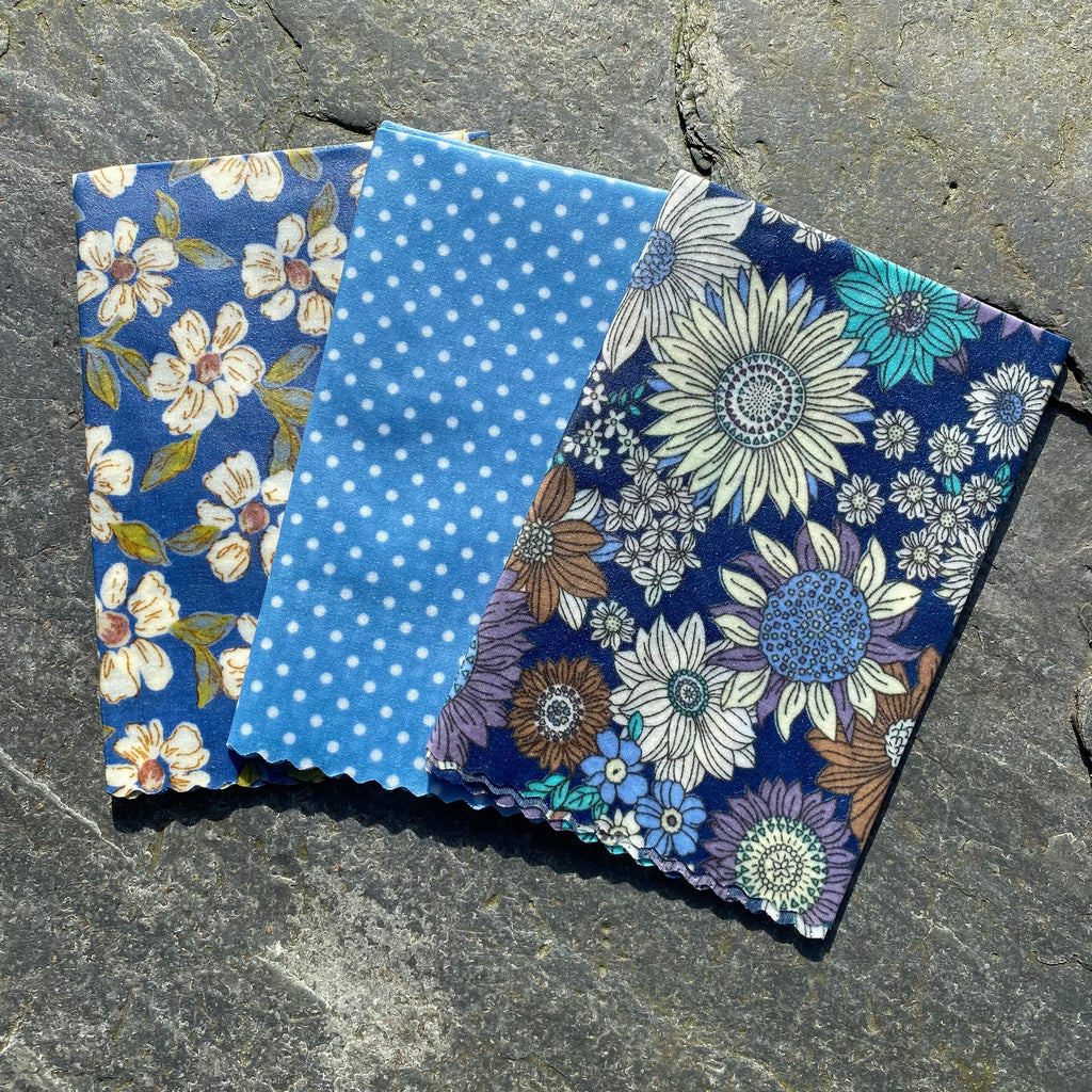 Blue sunflower print beeswax food wrap for eco-friendly reusable kitchen food and sandwich storage — view 5