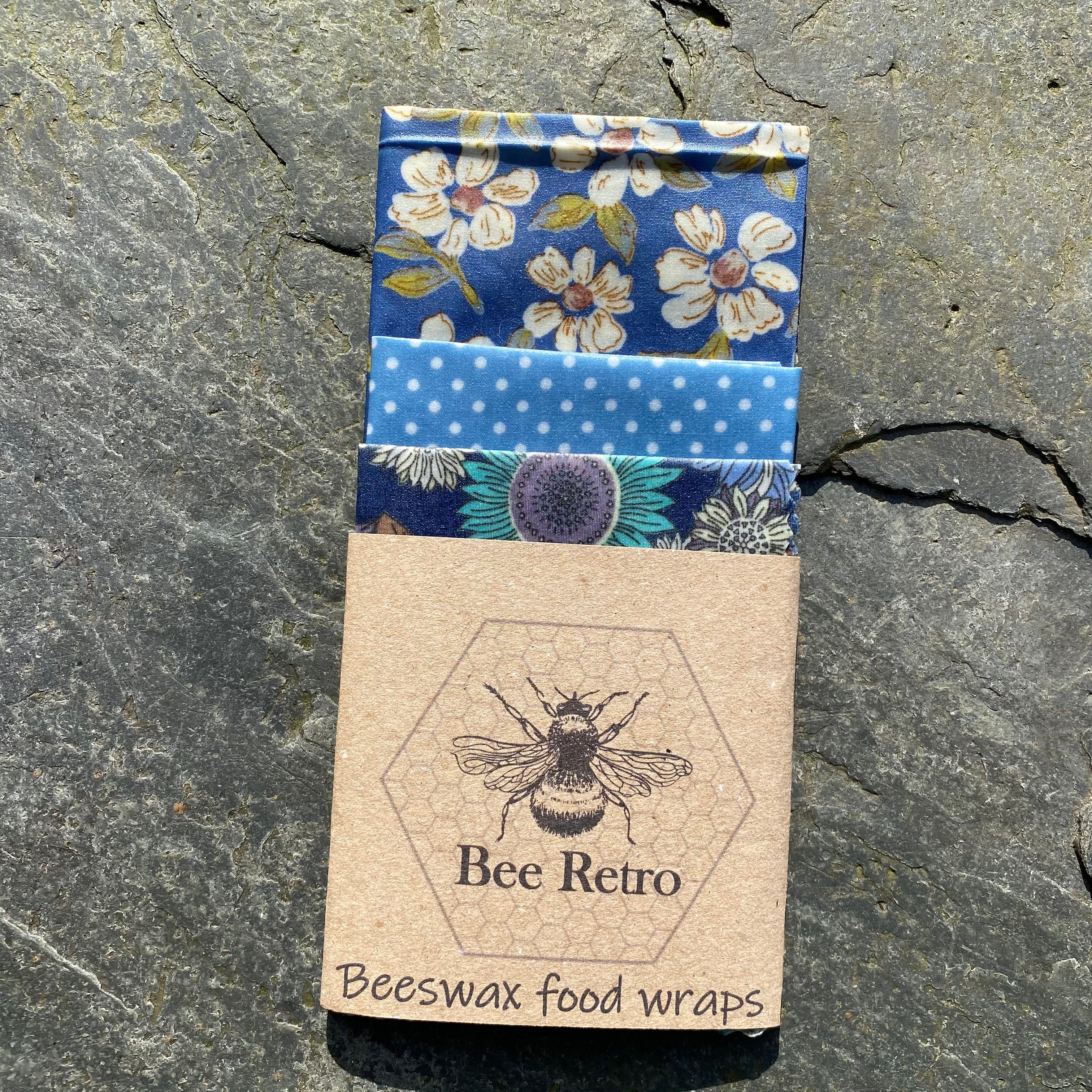 Blue sunflower print beeswax food wrap for eco-friendly reusable kitchen food and sandwich storage — view 3