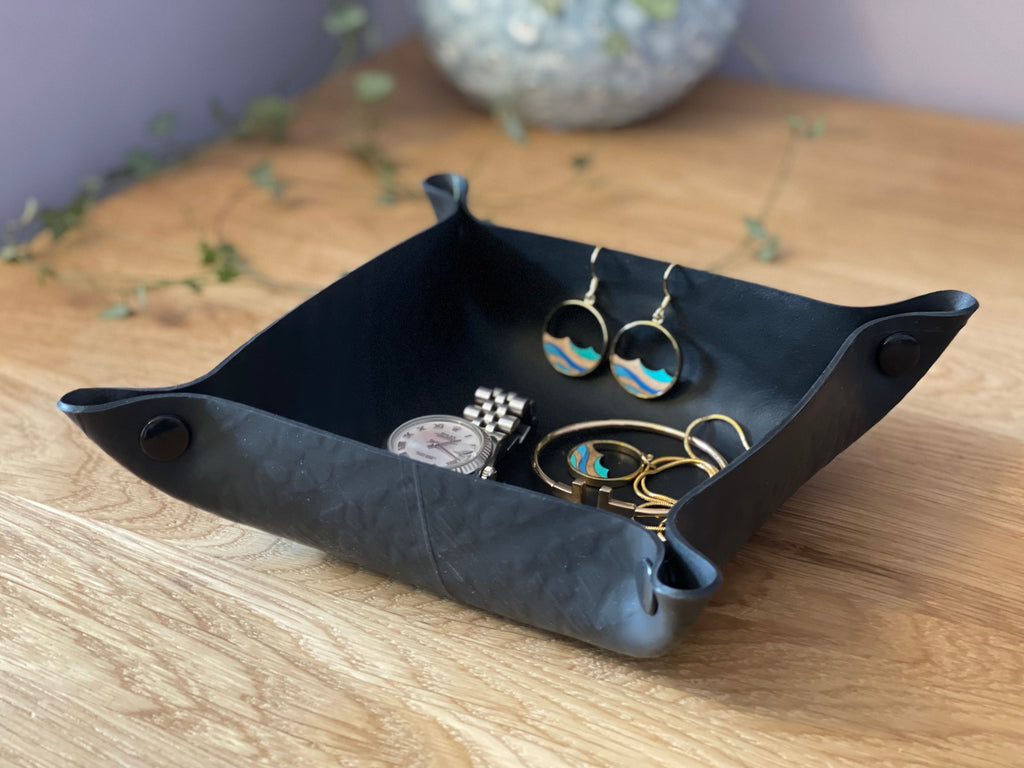 Upcycled rubber trinket tray in black, handmade vegan valet dish with press stud corners — view 2