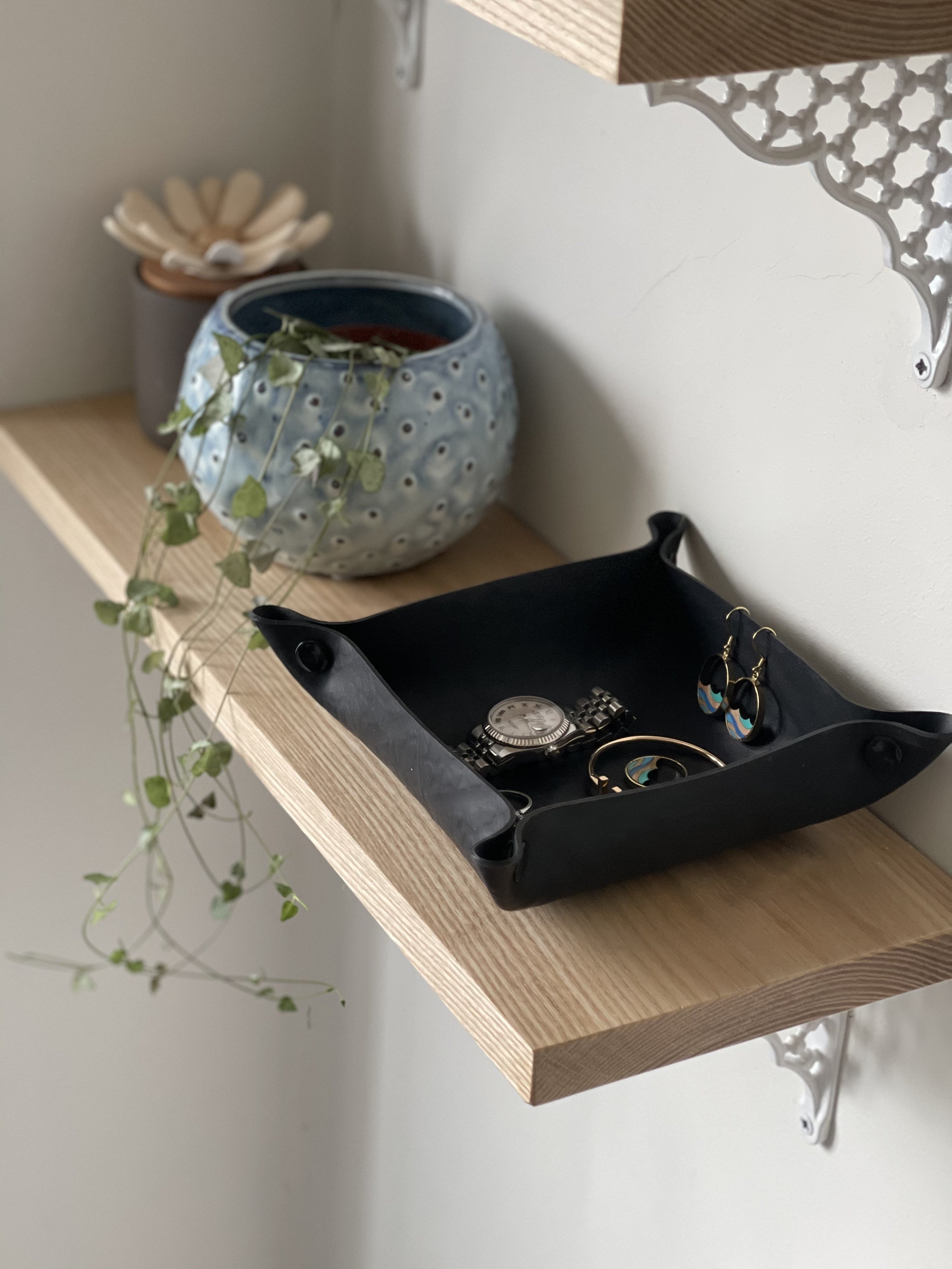 Upcycled rubber trinket tray in black, handmade vegan valet dish with press stud corners — view 3