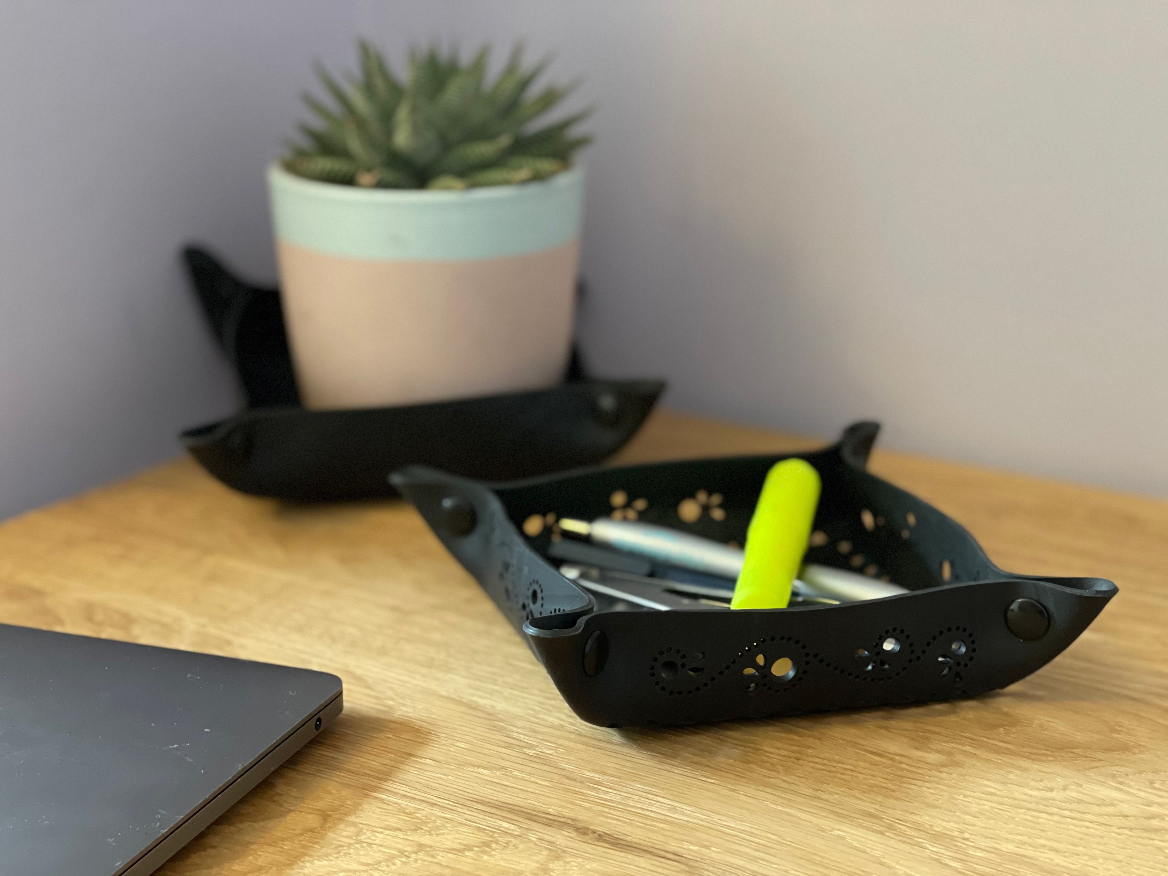 Upcycled rubber trinket tray in black, handmade vegan valet dish with press stud corners — view 4