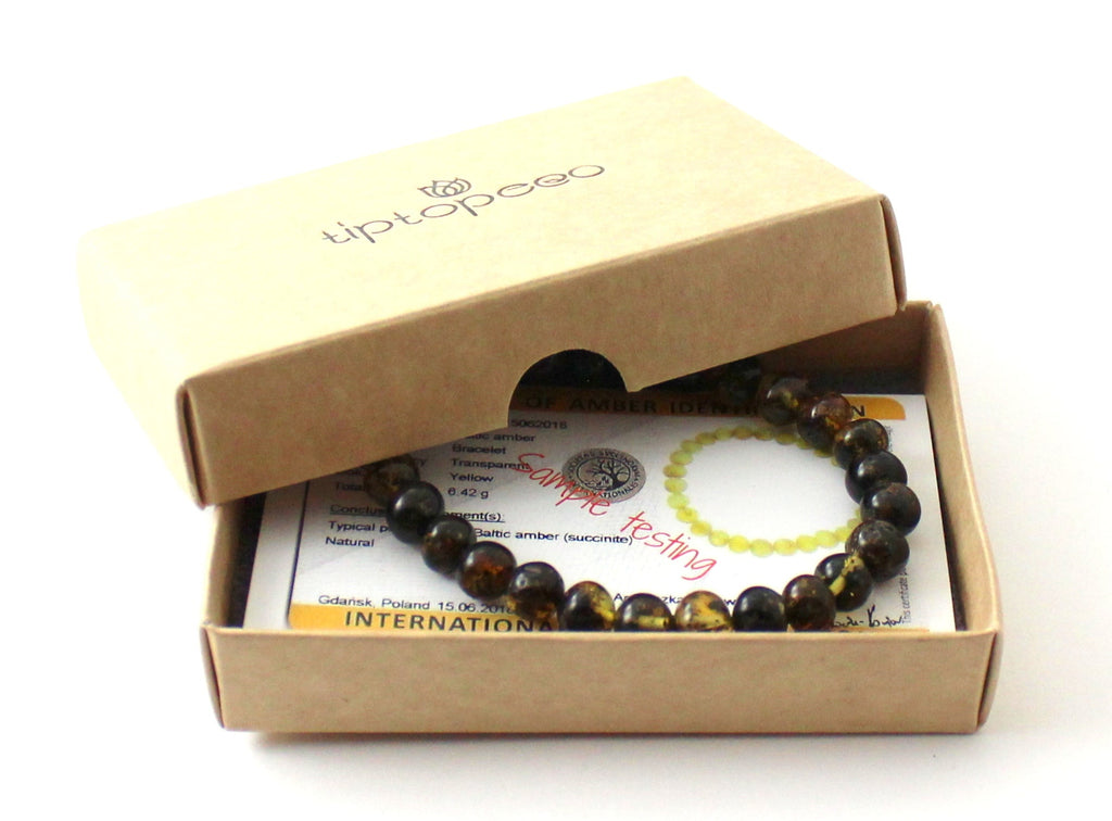 Green polished Baltic amber beaded stretch bracelet for men with oval shaped stones — view 2