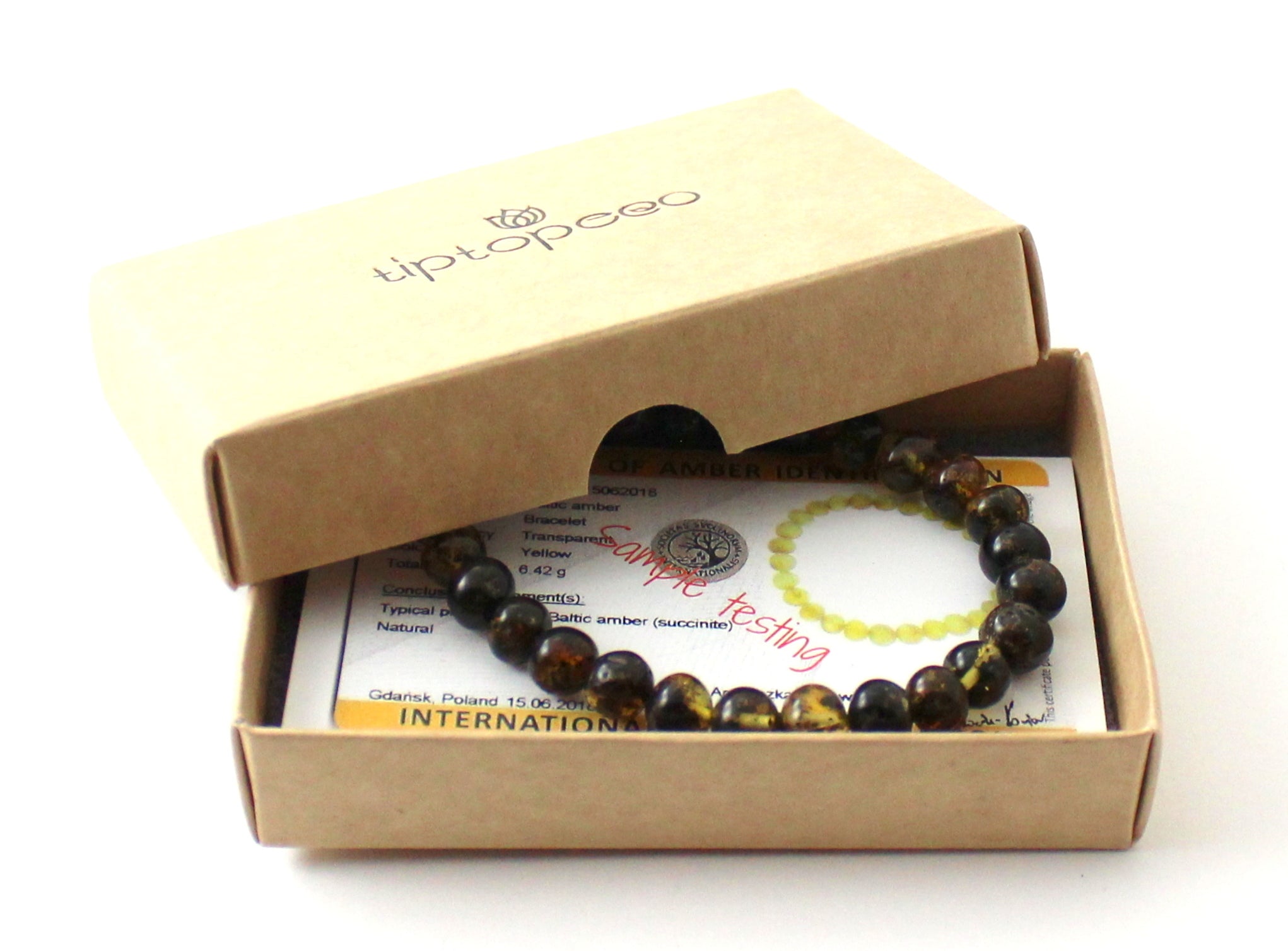 Green polished Baltic amber beaded stretch bracelet for men with oval shaped stones — view 2