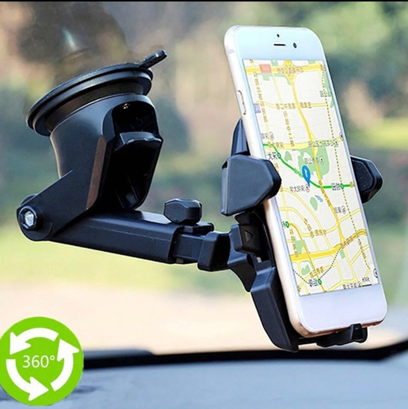 Adjustable long neck car phone mount attached to a dashboard holding a modern black smartphone — view 2