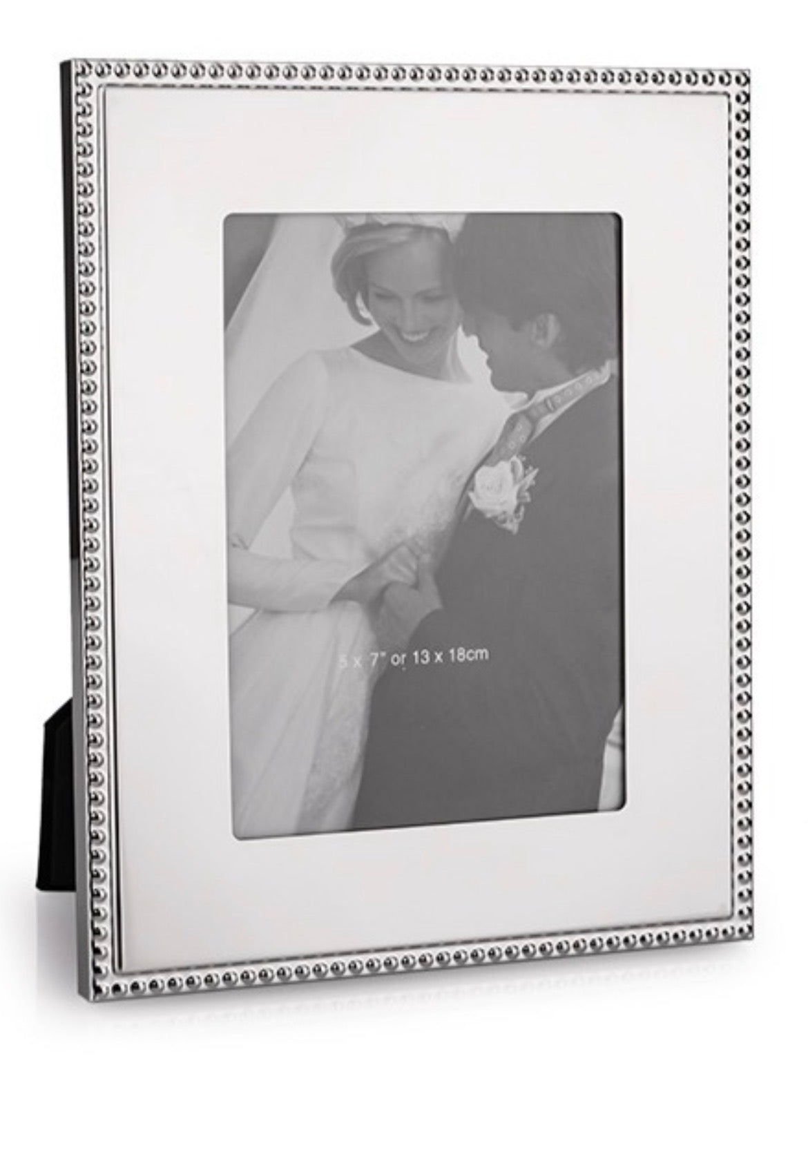 Bright metal 5x7 photo frame with a classic beaded edge for tabletop picture display
