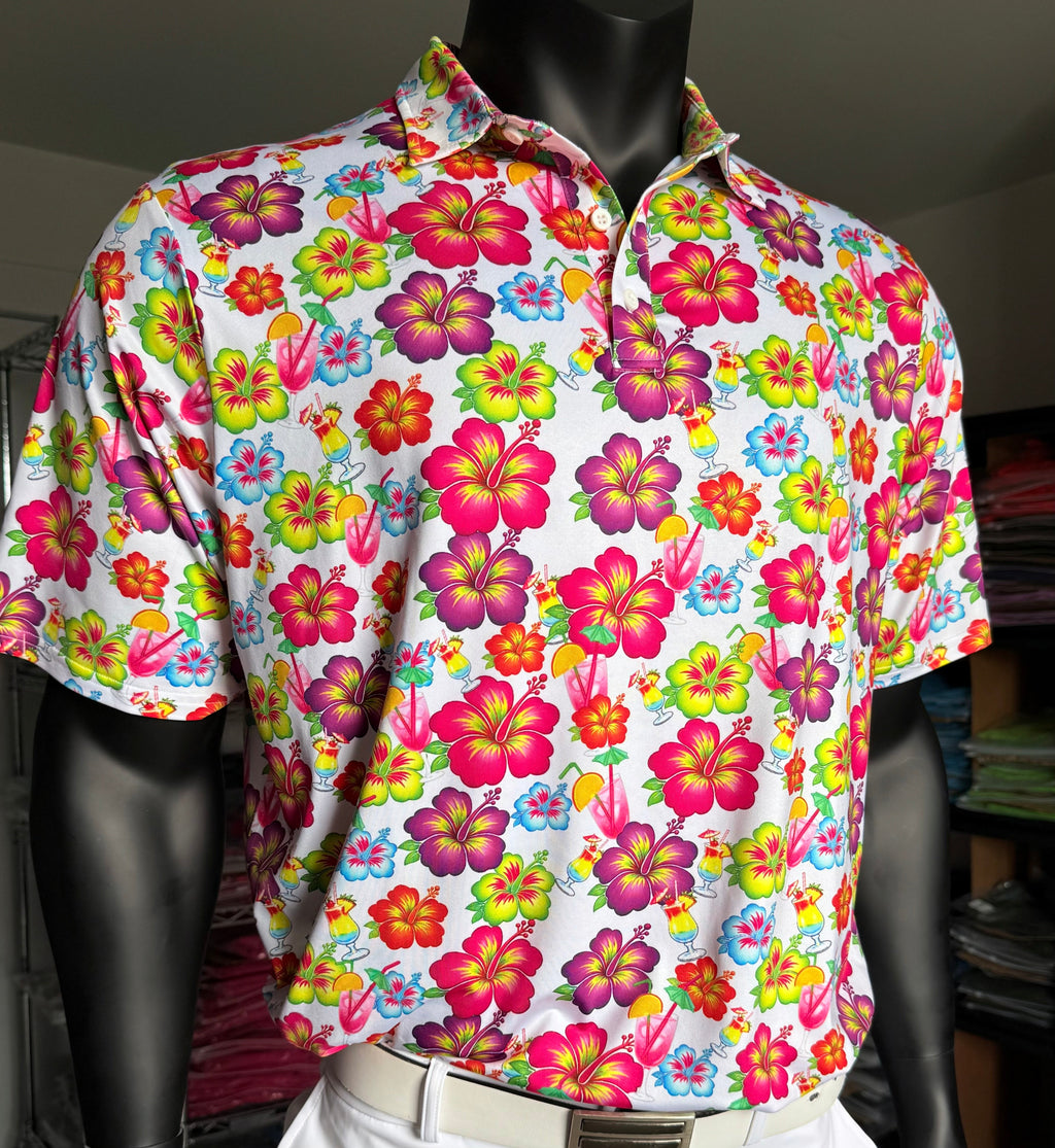 Men's classic fit tropical print golf polo shirt with front pockets and breathable stretchy fabric