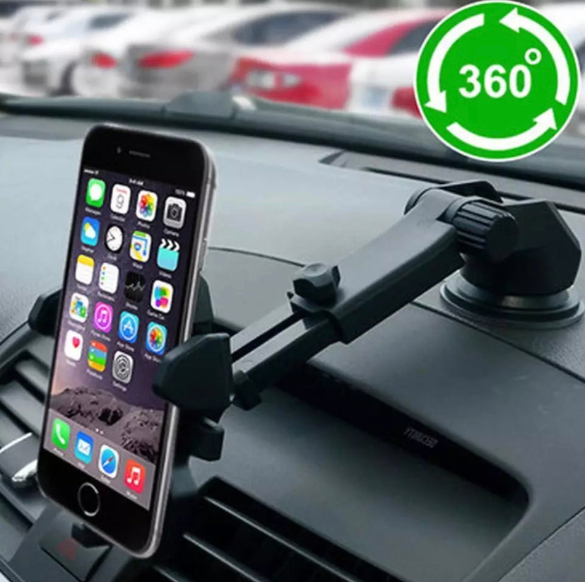 Adjustable long neck car phone mount attached to a dashboard holding a modern black smartphone