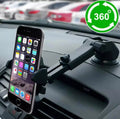 Adjustable long neck car phone mount attached to a dashboard holding a modern black smartphone