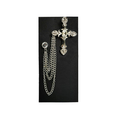 Jewelled Silver Cross Chain Lapel Pin-2