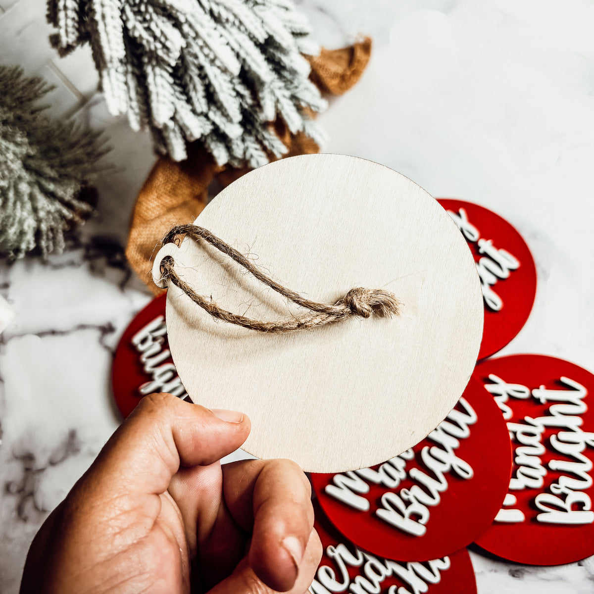 Merry and Bright wooden Christmas ornament with 3D lettering and rustic jute hanging string — view 5