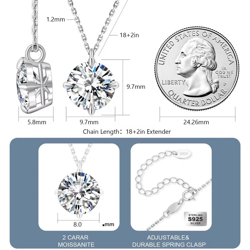 2 Carat Moissanite Pendant Necklace 925 Sterling Silver & 18K White Gold  GRA Certified Round Brilliant Cut-2