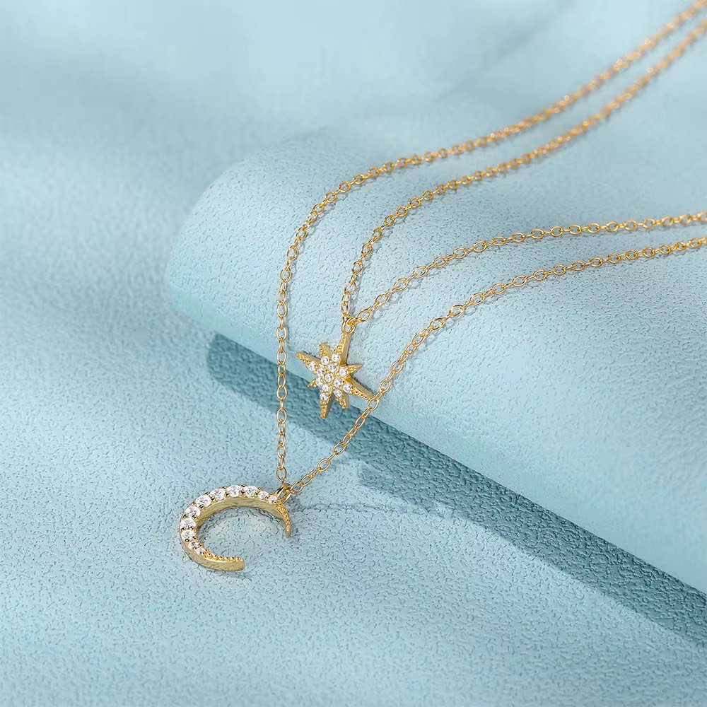 Gold Star & Moon Double Layer Necklace – 925 Sterling Silver Celestial Pendant-2