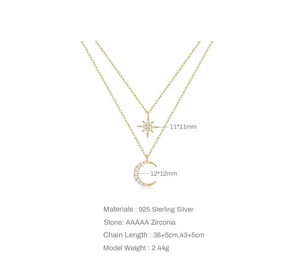 Gold Star & Moon Double Layer Necklace – 925 Sterling Silver Celestial Pendant-4