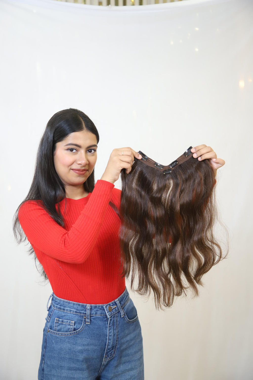 V-Shape clip-in volumizer made of thick Remy human hair showing natural layered fall styling