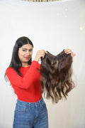 V-Shape clip-in volumizer made of thick Remy human hair showing natural layered fall styling