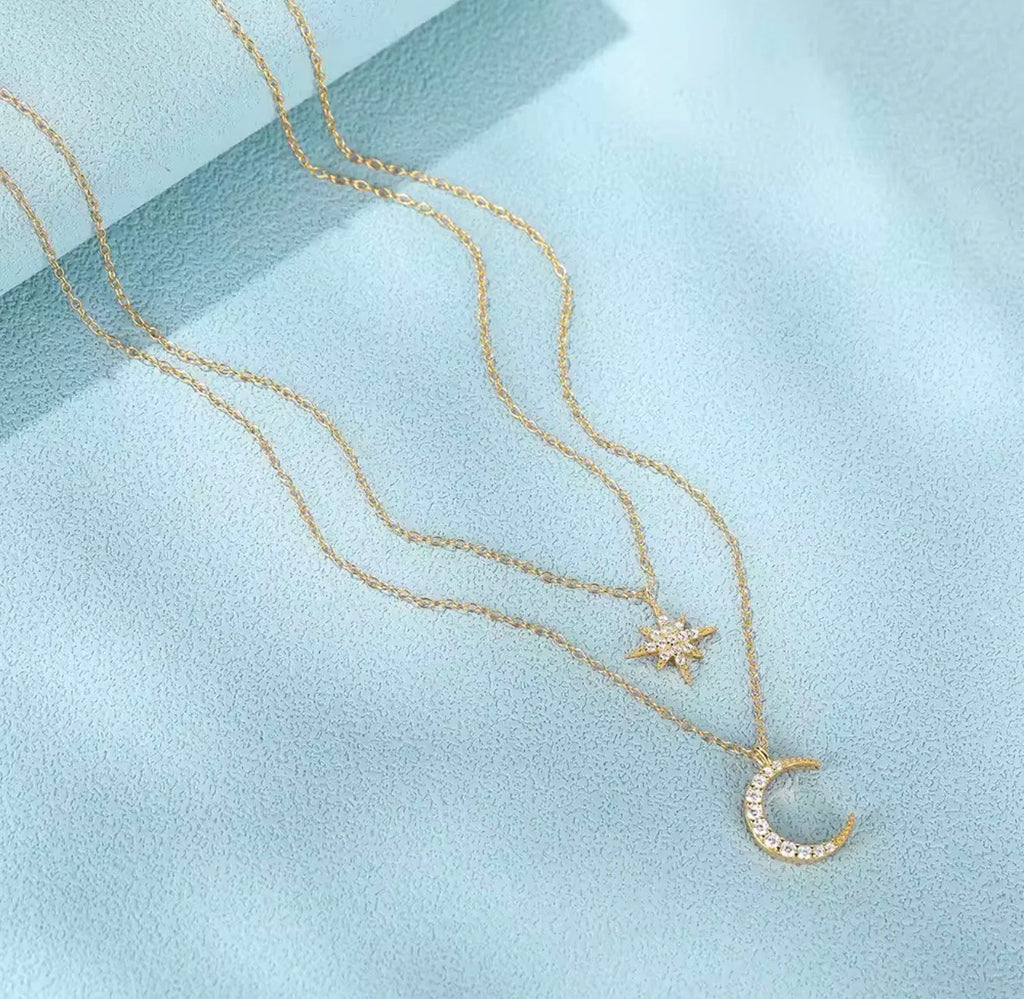 Gold Star & Moon Double Layer Necklace – 925 Sterling Silver Celestial Pendant-3