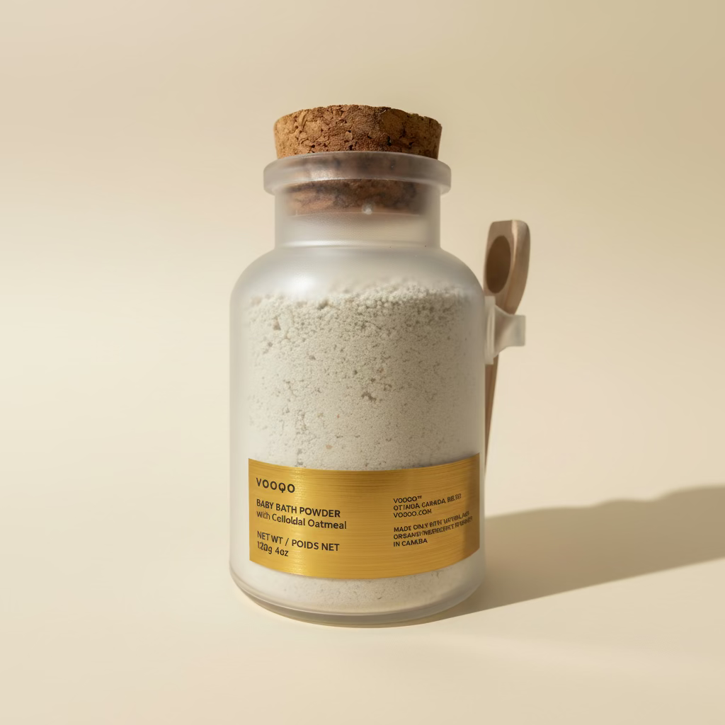 Natural baby bath powder for sensitive skin, showing a soothing milky colloidal oatmeal formula