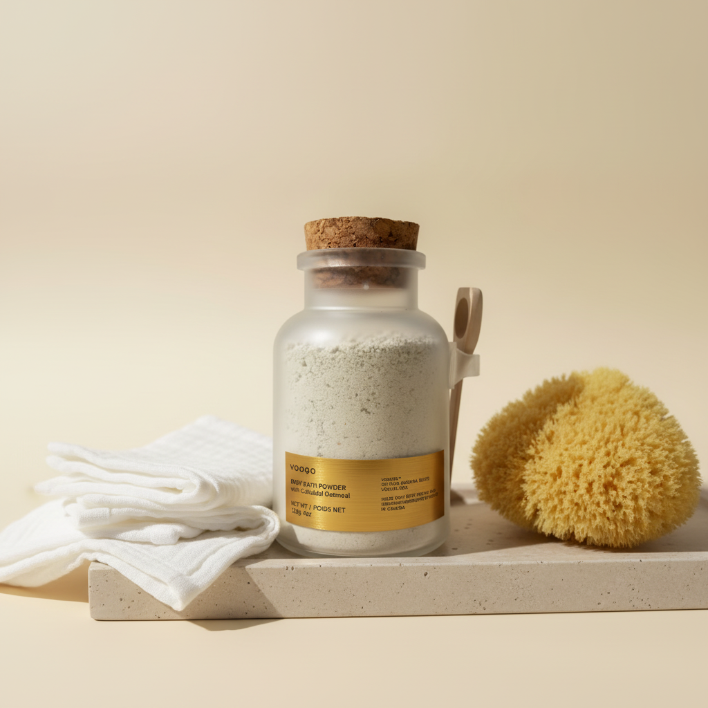 Natural baby bath powder for sensitive skin, showing a soothing milky colloidal oatmeal formula — view 2