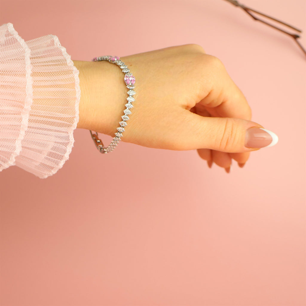 Silver Pink & Clear Zirconia Bracelet | Dainty Tennis Bracelet for Women 18 cm| Silver Jewelry for Her-12