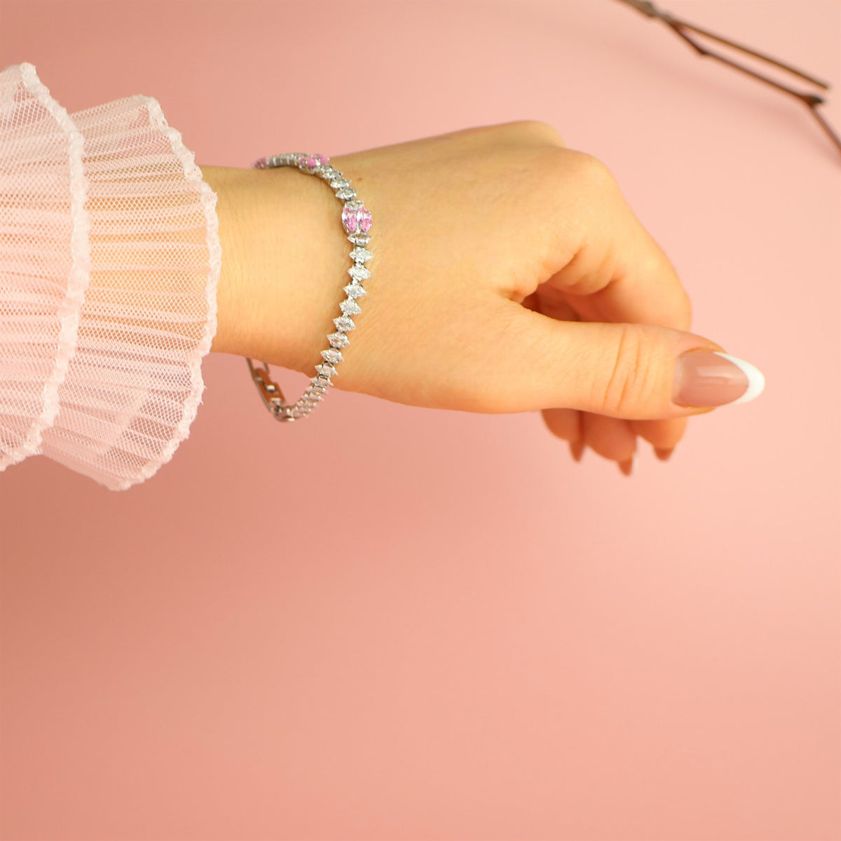 Silver Pink & Clear Zirconia Bracelet | Dainty Tennis Bracelet for Women 18 cm| Silver Jewelry for Her-12