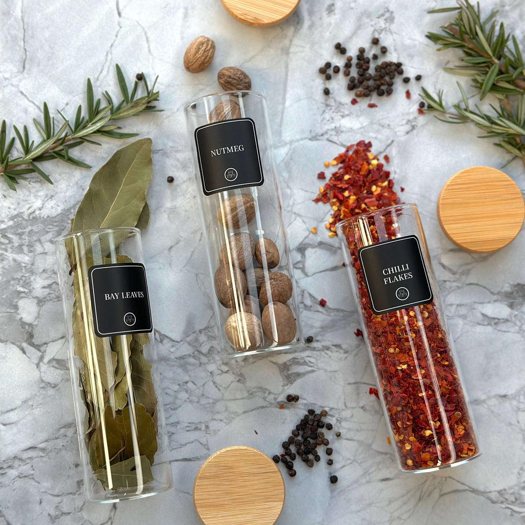 Clear 250ml glass spice jar with a natural bamboo lid and airtight silicone seal — view 2