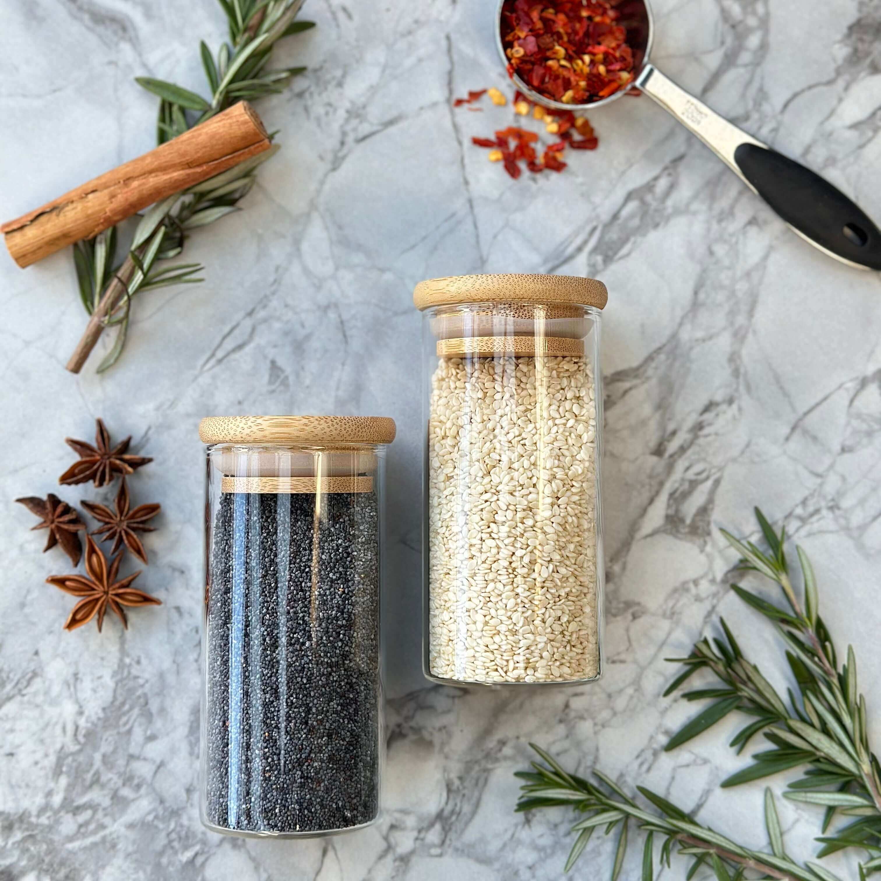 Clear 160ml glass spice jar with natural bamboo lid and airtight silicone seal for pantry organisation — view 3