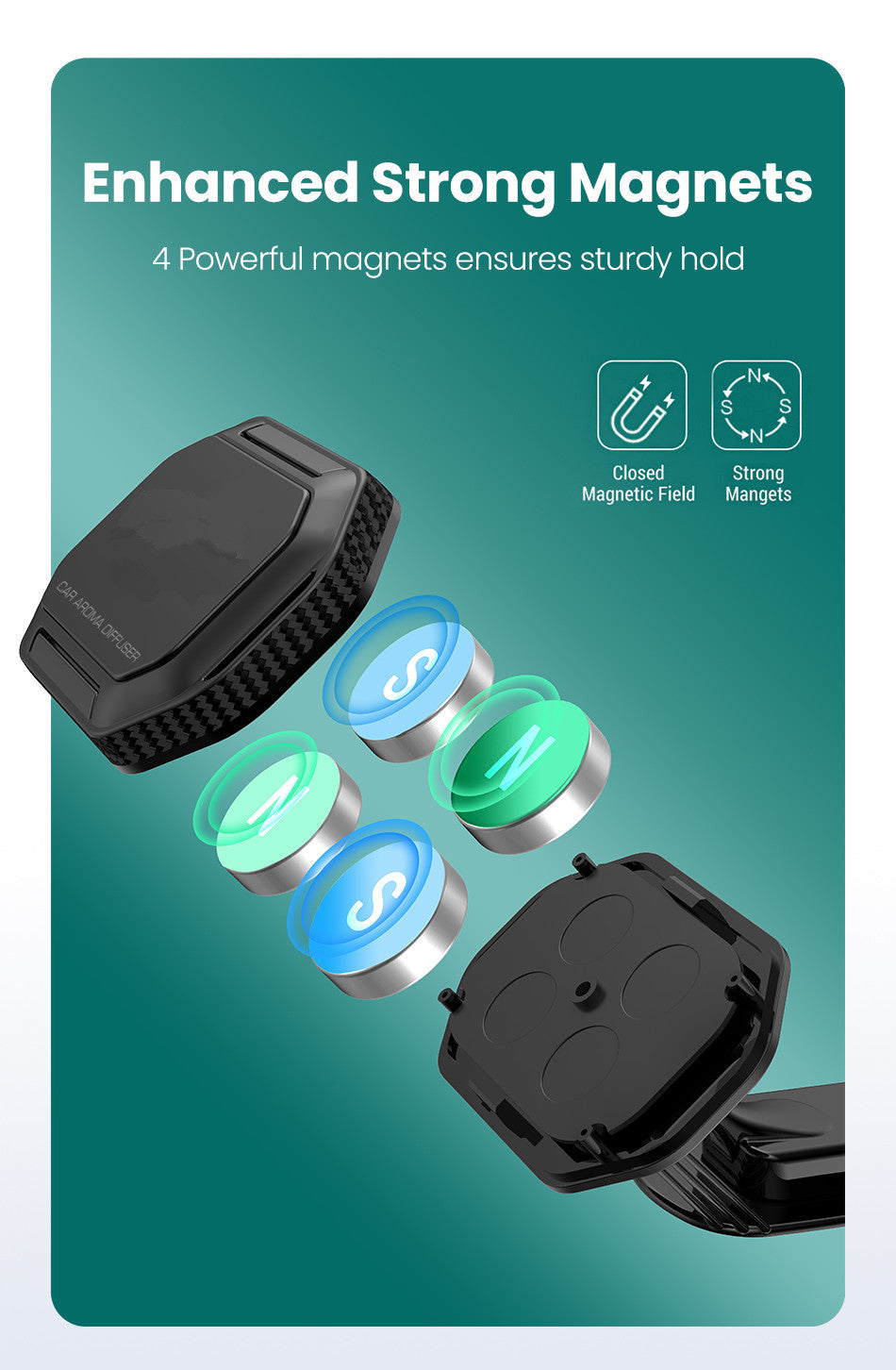 Black magnetic cell phone holder for car dashboard with adjustable neck and strong suction cup — view 3