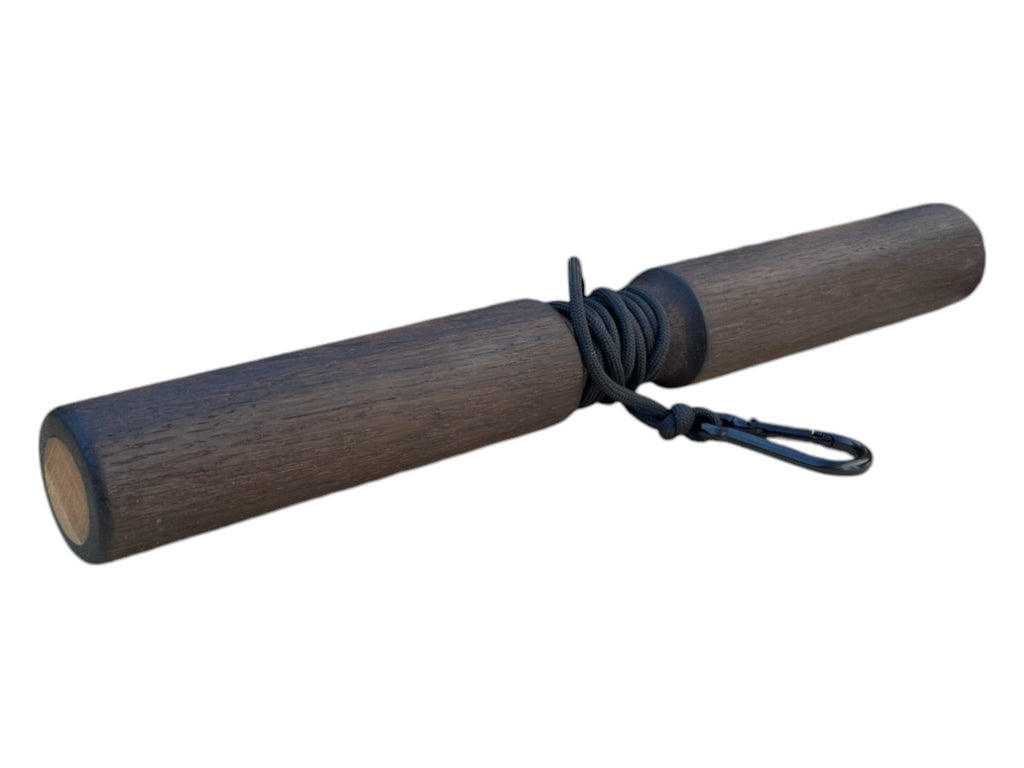Smoked oak wood wrist roller with durable rope and carabiner attachment for forearm strength training