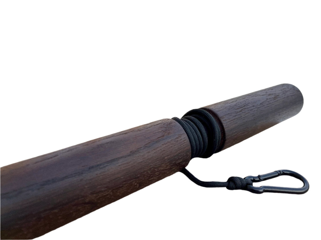 Smoked oak wrist roller with attached black rope and metal carabiner for grip strength training — view 4