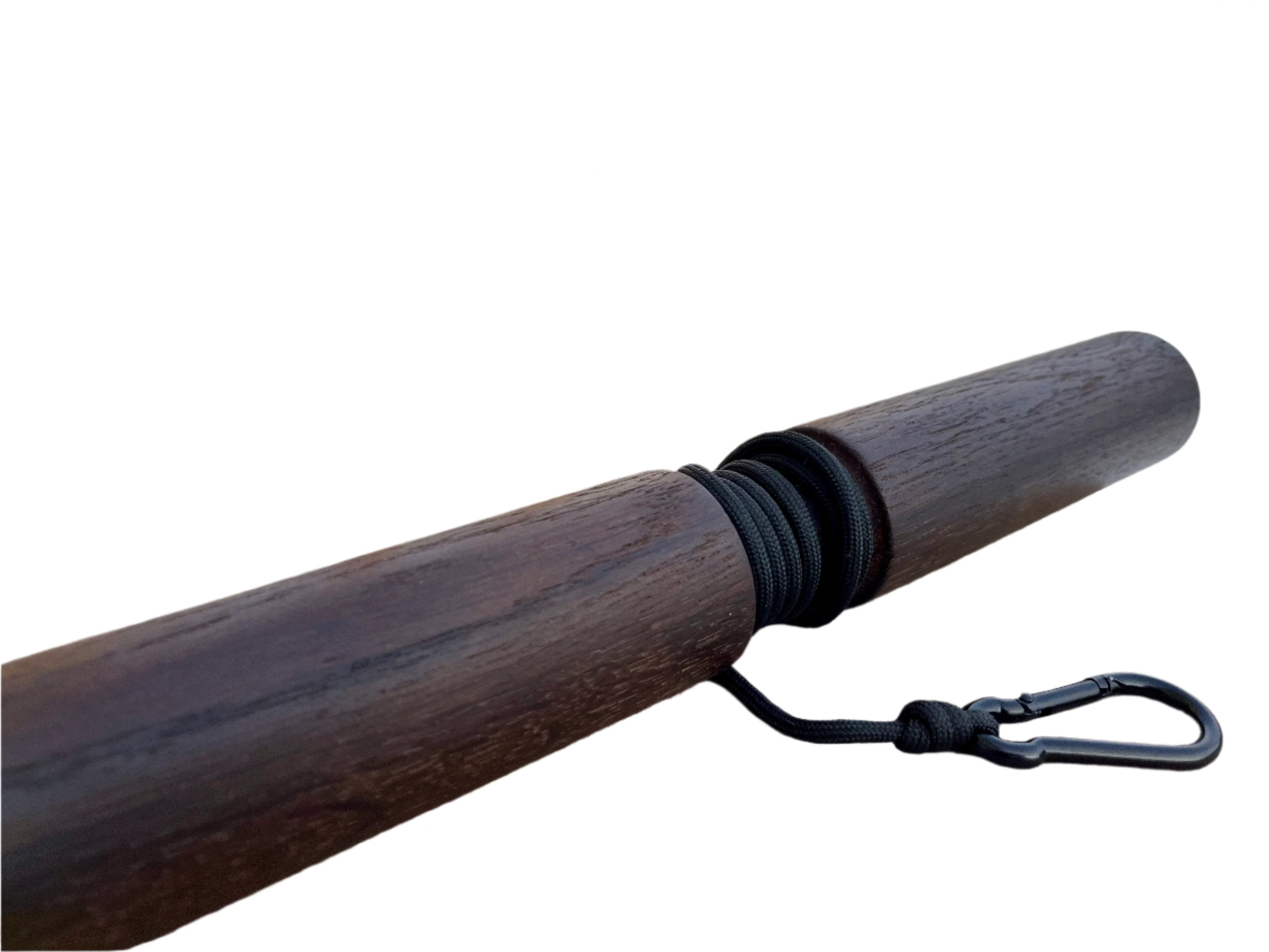 Smoked oak wrist roller with attached black rope and metal carabiner for grip strength training — view 4