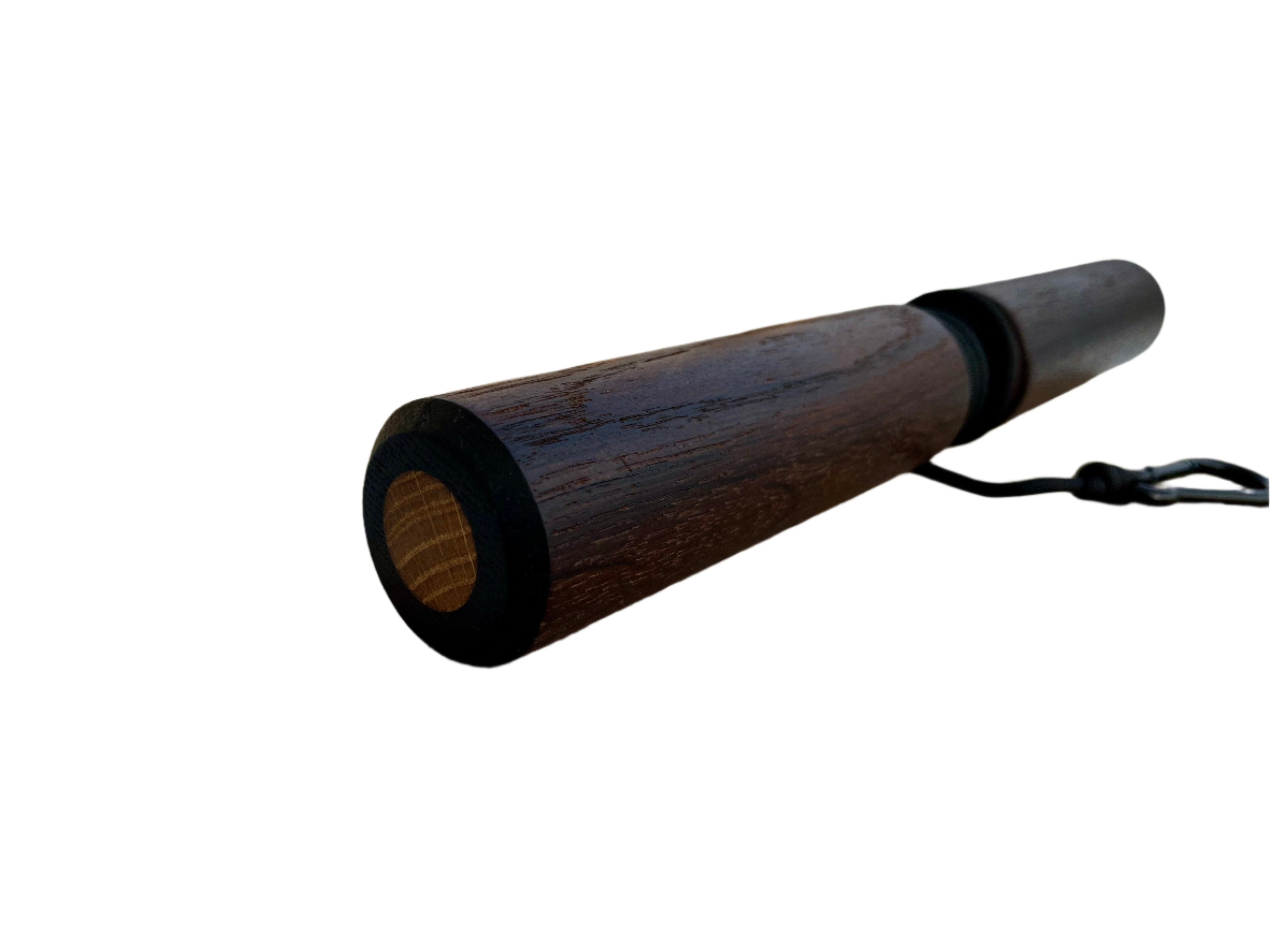 Smoked oak wrist roller with attached black rope and metal carabiner for grip strength training — view 3