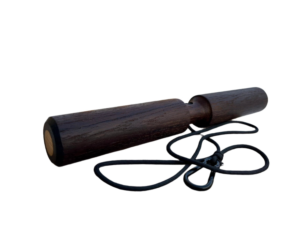 Smoked oak wrist roller with attached black rope and metal carabiner for grip strength training — view 2