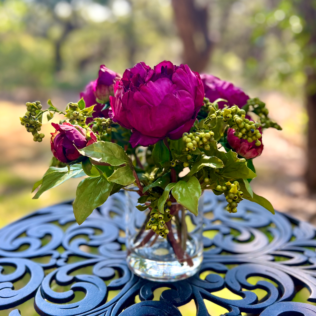 Real touch peony arrangement in glass vase - 10"-2