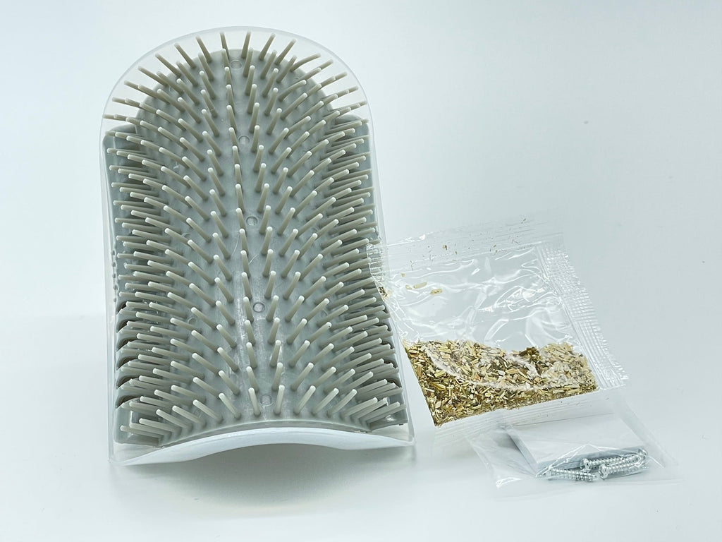 The Cool Kat Groomer wall-mounted corner cat scratcher brush with catnip compartment and mounting hardware — view 3