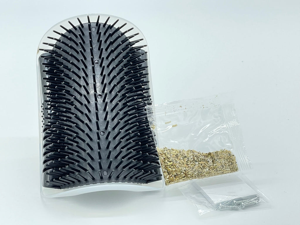 The Cool Kat Groomer wall-mounted corner cat scratcher brush with catnip compartment and mounting hardware — view 2